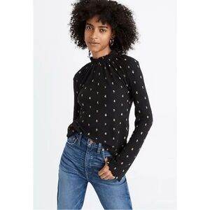 Madewell Black Patterned Women's Ruffle Mock Neck Top medium